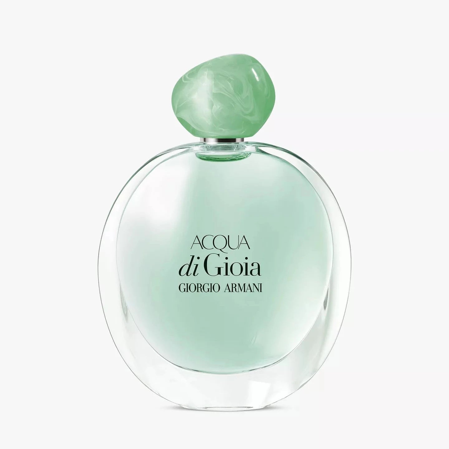 Green perfume bottle with 'Acqua di Gioia' and 'Giorgio Armani' text on a white background