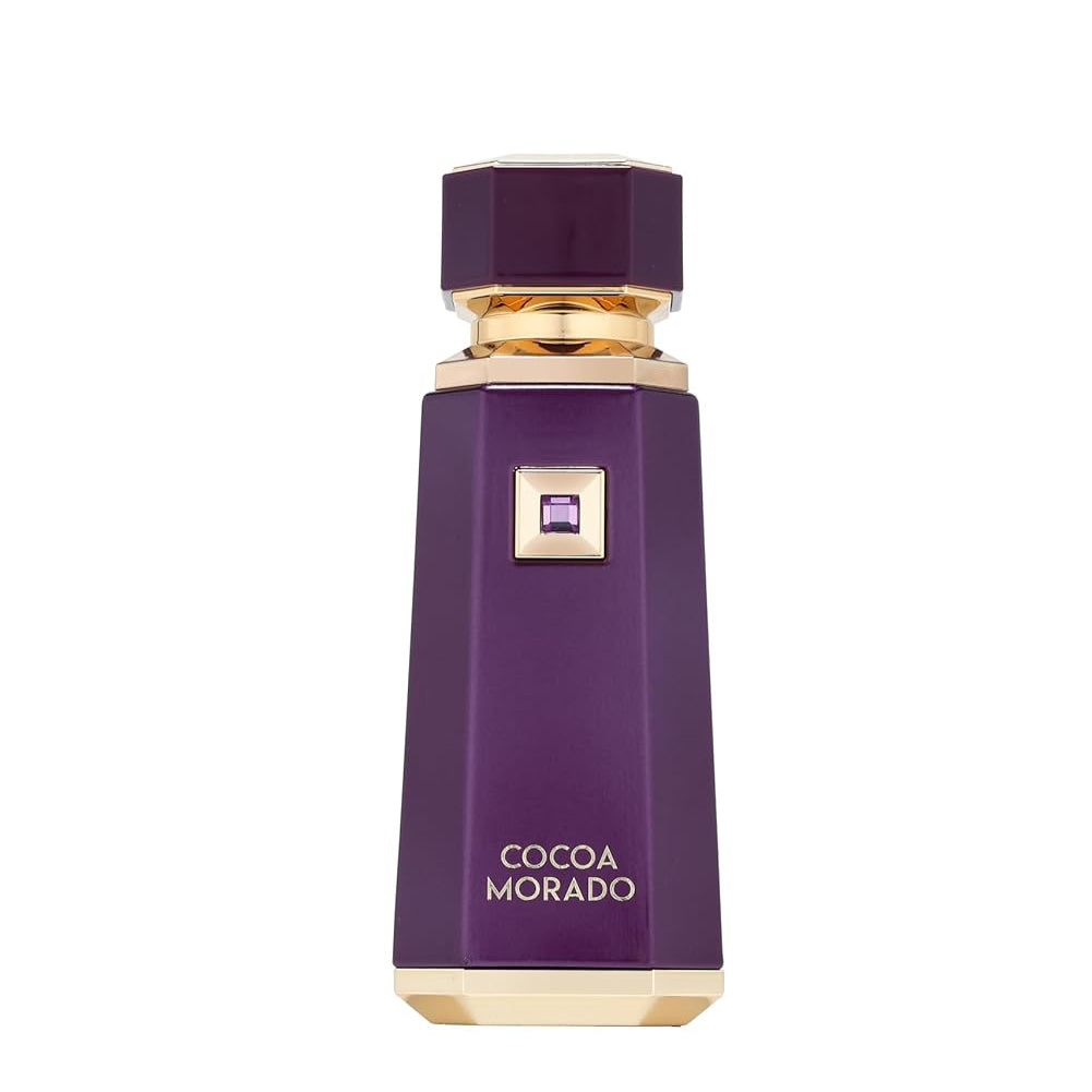 Purple perfume bottle with gold accents on a white background