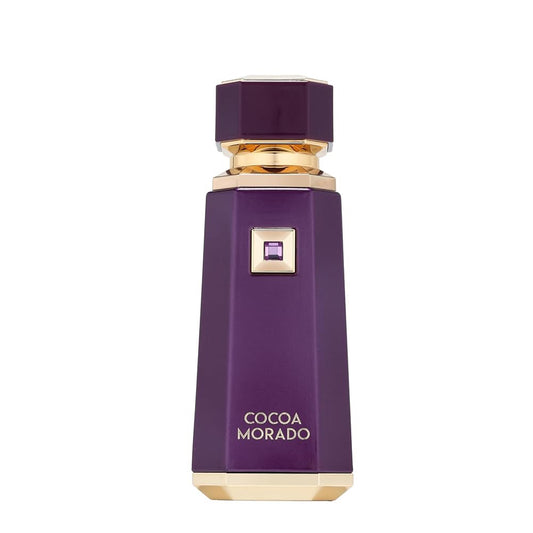 Purple perfume bottle with gold accents on a white background