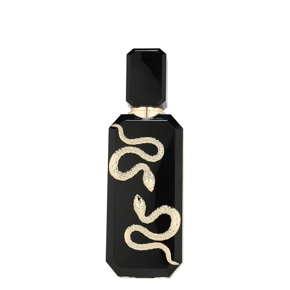 Black perfume bottle with gold snake design on a white background