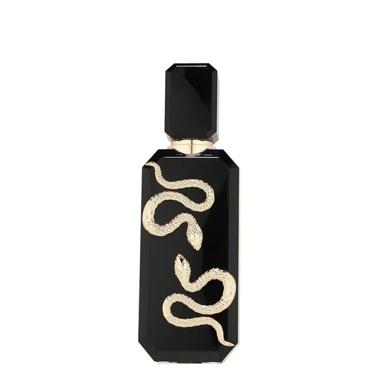 Black perfume bottle with gold snake design on a white background