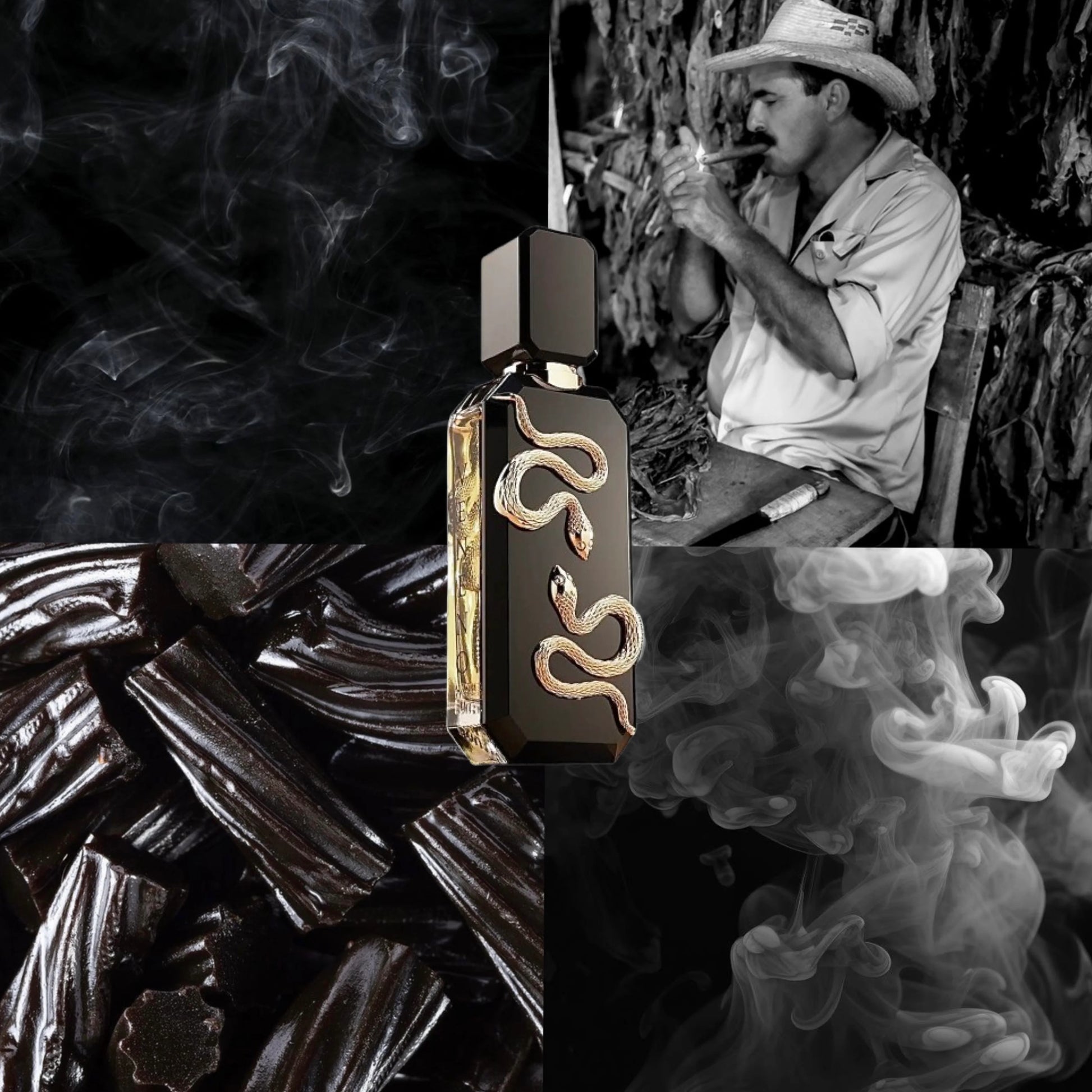 Gold snake pendant with a man smoking a cigarette in the background