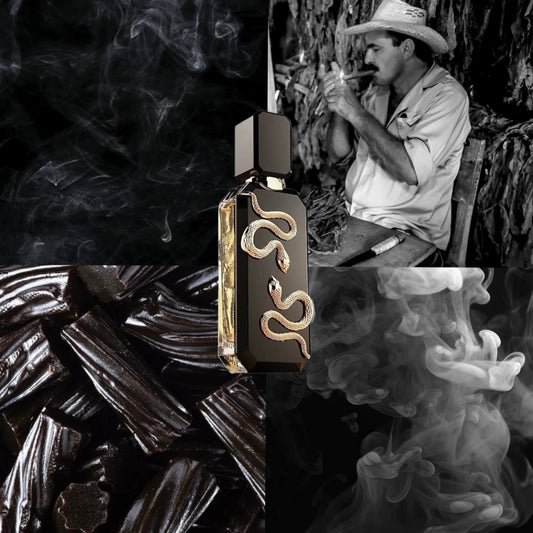 Gold snake pendant with a man smoking a cigarette in the background