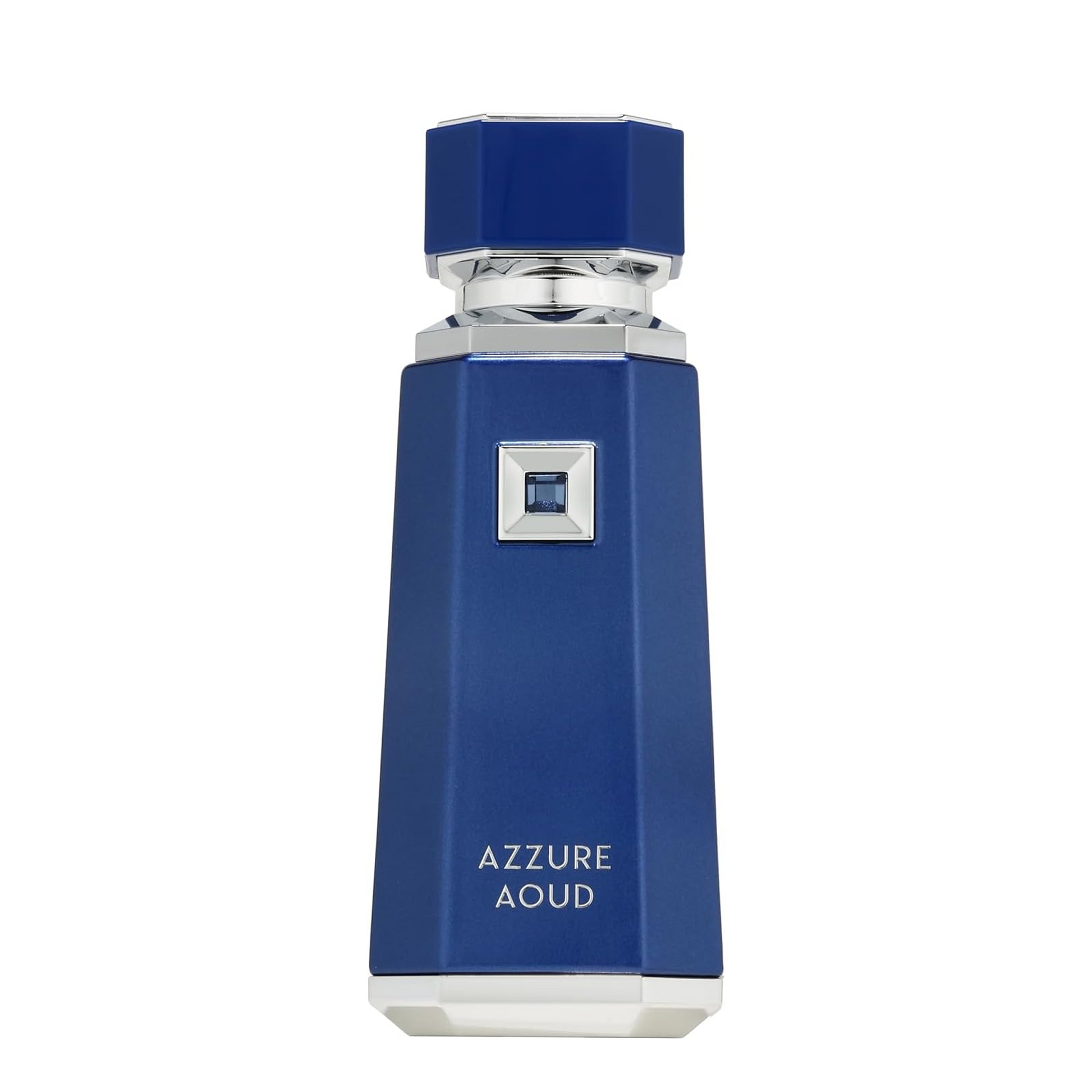 Blue perfume bottle labeled 'Azzure Aoud' on a white background