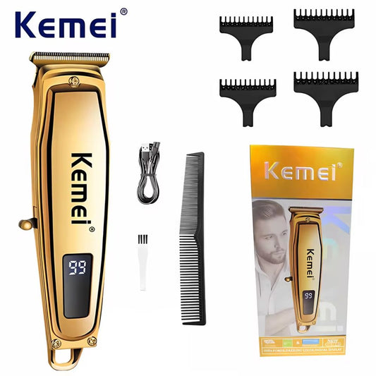 Kemei KM-1313 rechargeable hair clipper with LCD display, guide combs, comb, USB cable and box