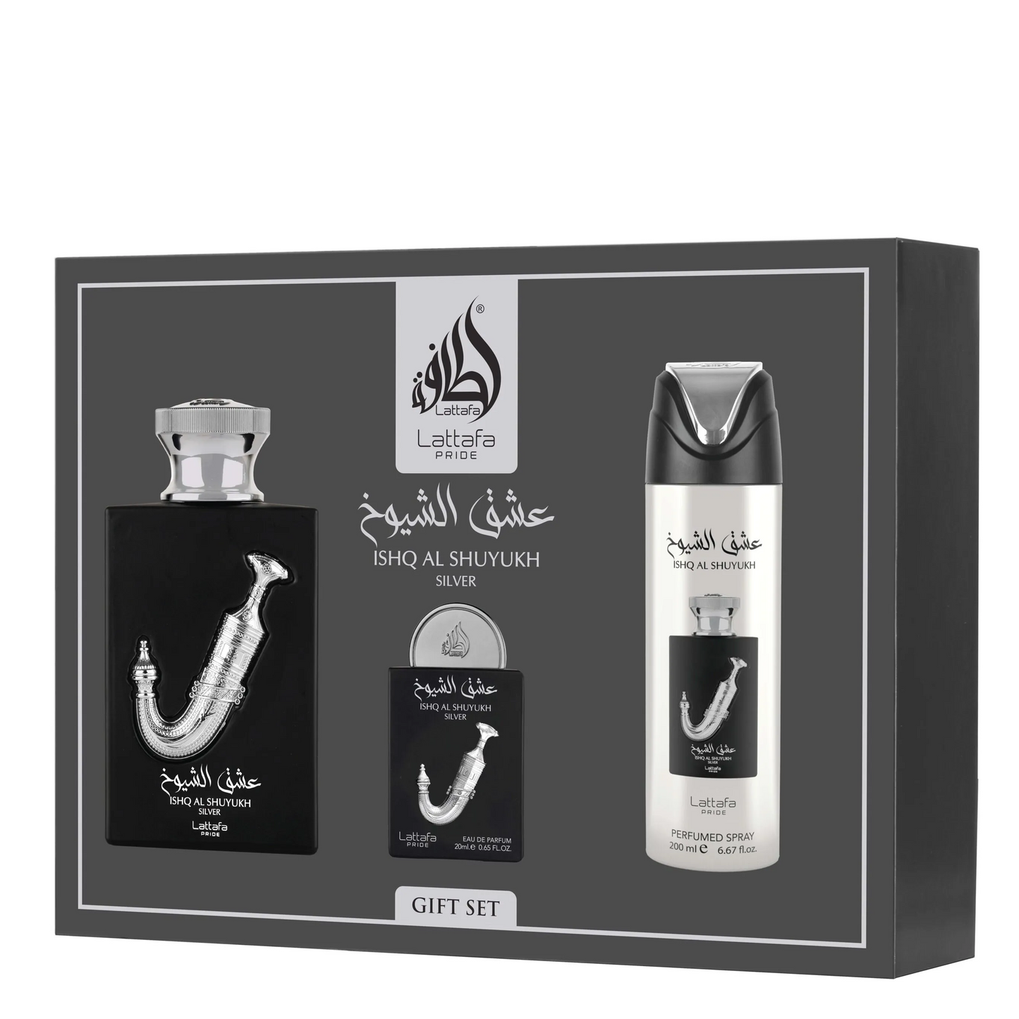 Lattafa Ishq Al Shuyukh Silver 3-Piece Gift Set – Unisex