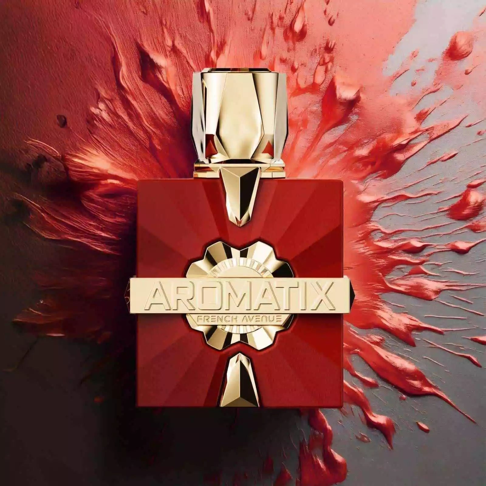 Red and gold Aromatix perfume bottle on a textured red and gray background